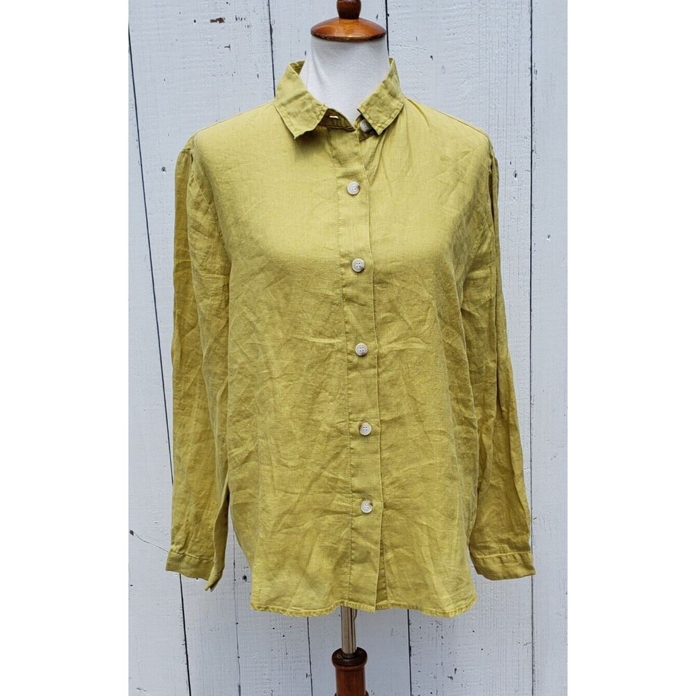 XCVI Women's Green Yellow Collared Long Sleeve 100% LINEN Button Up Blouse Sz L